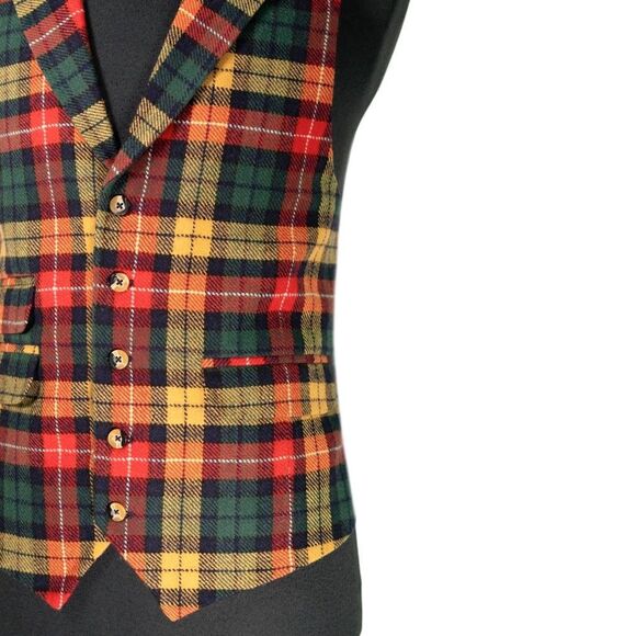 Mens 44R Wool Vest Red Yellow Green Tartan Plaid Waistcoat Formal Wedding Party - Picture 6 of 10